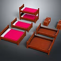 Wooden Double Bed With Pink Mattress And Matching Wooden Nightstands Set