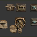 Artistic Carved Sculptures Including Standing Figures Masks And Animal Claws On Stands