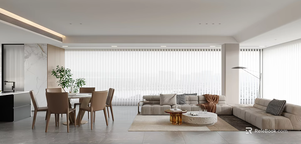 Modern Dining Living Room Interior With Sofa Dining Table Chairs Rug And Window Blinds 3d model 