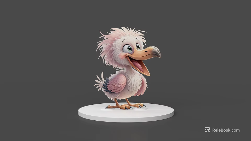 Cute Fluffy Pink Bird 3D Model Standing On White Circular Base With Gray Background 3d model