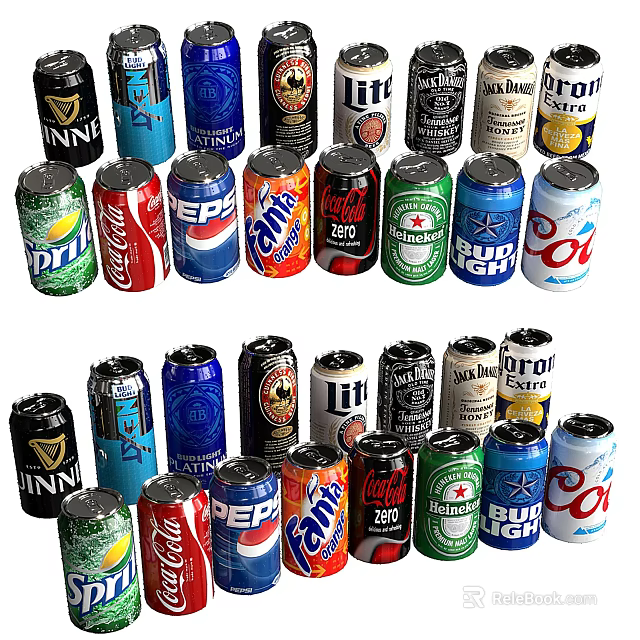 Assorted Canned Beverages Featuring Various Brands Of Soda And Beer In Colorful Cans 3d model 