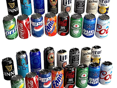 Assorted Canned Beverages Featuring Various Brands Of Soda And Beer In Colorful Cans 3d model