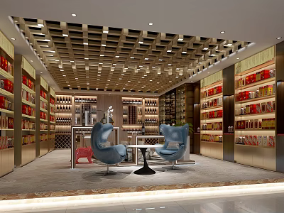 Luxury Tobacco And Wine Store Interior With Wine Racks Display Shelves And Seating Area 3d model