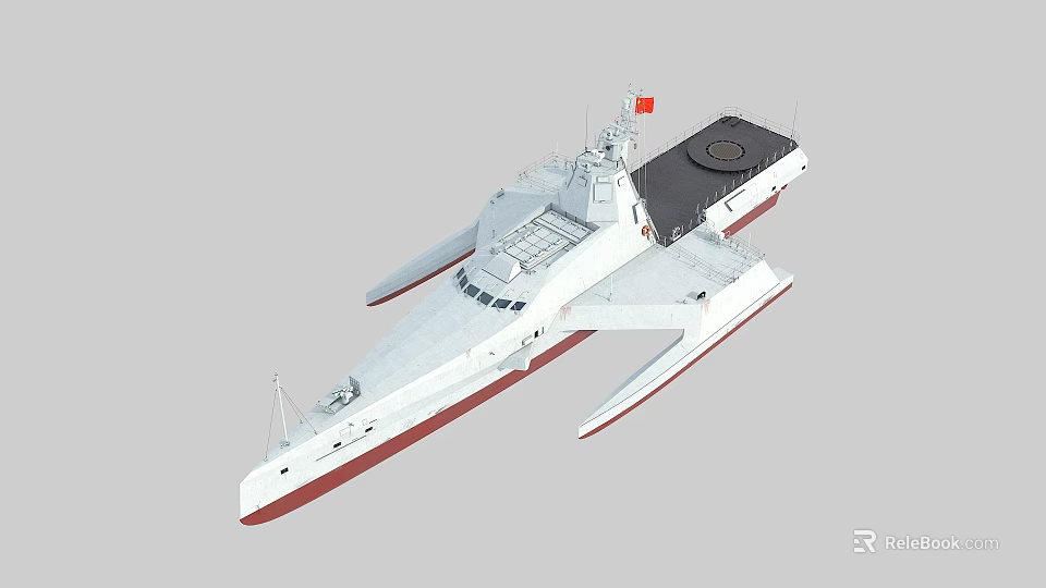 Modern Warship With Catamaran Structure Red Flag And Helicopter Deck 3d model 
