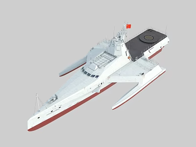 Modern Warship With Catamaran Structure Red Flag And Helicopter Deck 3d model