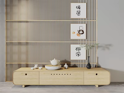 Zen Wooden TV Stand With Wooden Slat Wall Calligraphy Artworks Tea Set And Vase 3d model