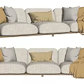 Modern Three Seater Sofa With Light Fabric Upholstery Decorative Pillows And Throw Blanket