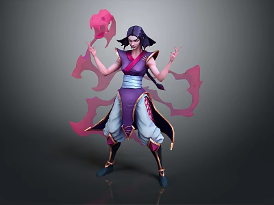 3D Model Sorcerer Character With Black Hair Purple Outfit And Pink Smoke Creature 3d model