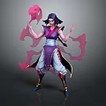 3D Model Sorcerer Character With Black Hair Purple Outfit And Pink Smoke Creature