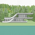 Modern Detached Villa with Glass Walls and Cantilevered Design by Lake in Autumn Woods