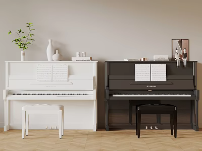 White And Black Piano Instruments With Matching Stools Music Sheets Vases And Plants 3d model
