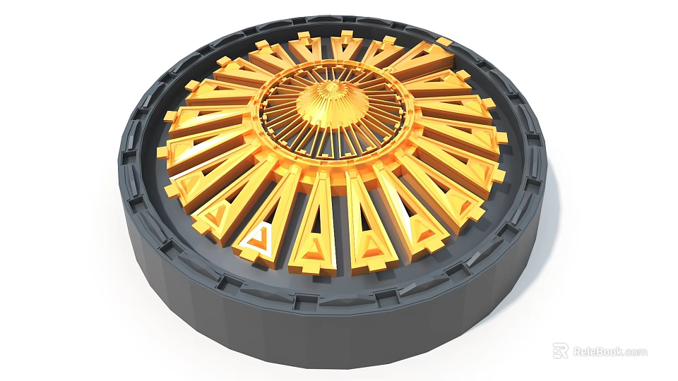 Geometric Circular Art Installation With Golden Radial Patterns And Black Base 3d model