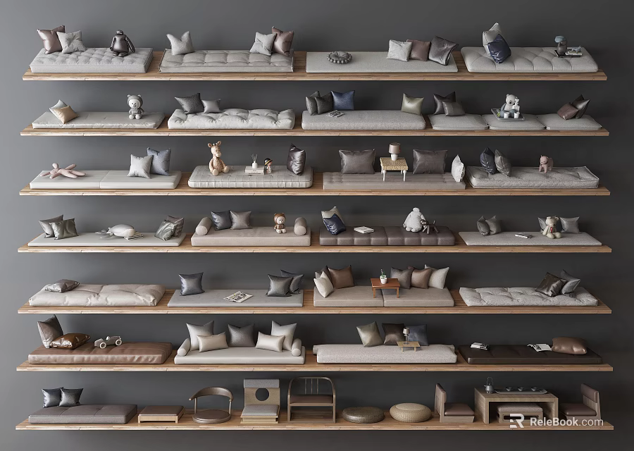 Various Home Decor Items Display on Multiple Shelves with Pillows and Cushions 3d model