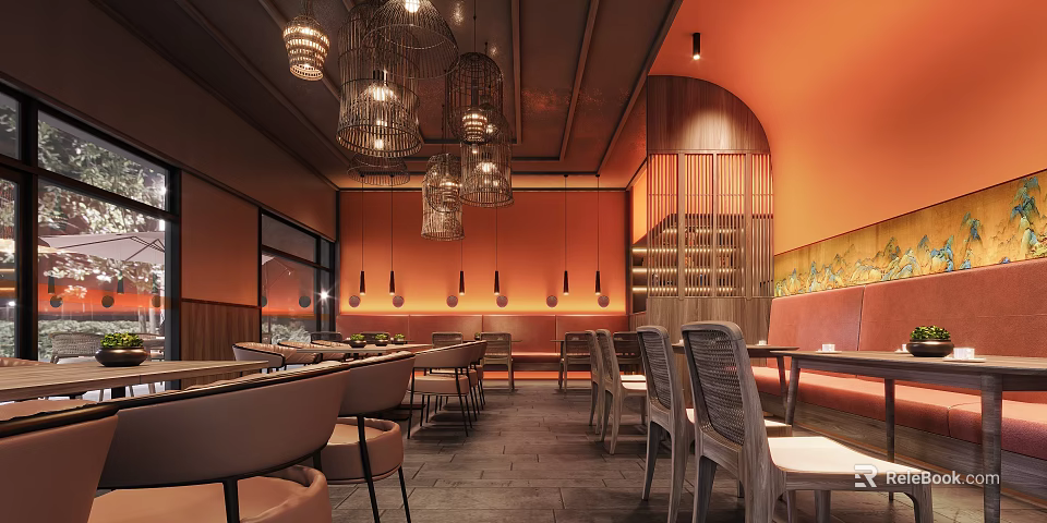 Elegant Restaurant Interior Featuring Hanging Chandeliers Orange Walls Wooden Accents And Warm Lighting 3d model 