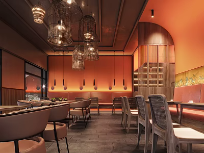 Elegant Restaurant Interior Featuring Hanging Chandeliers Orange Walls Wooden Accents And Warm Lighting 3d model