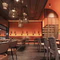 Elegant Restaurant Interior Featuring Hanging Chandeliers Orange Walls Wooden Accents And Warm Lighting