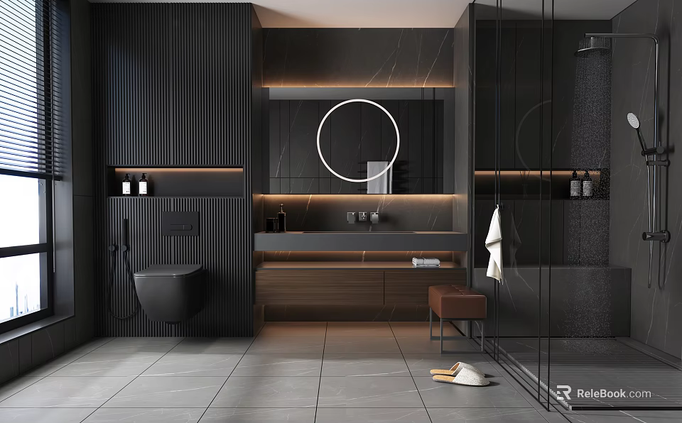 Modern Bathroom Interior With Round Mirror Marble Countertop Wooden Cabinets And Glass Shower 3d model 