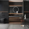 Modern Bathroom Interior With Round Mirror Marble Countertop Wooden Cabinets And Glass Shower