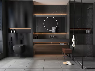 Modern Bathroom Interior With Round Mirror Marble Countertop Wooden Cabinets And Glass Shower 3d model