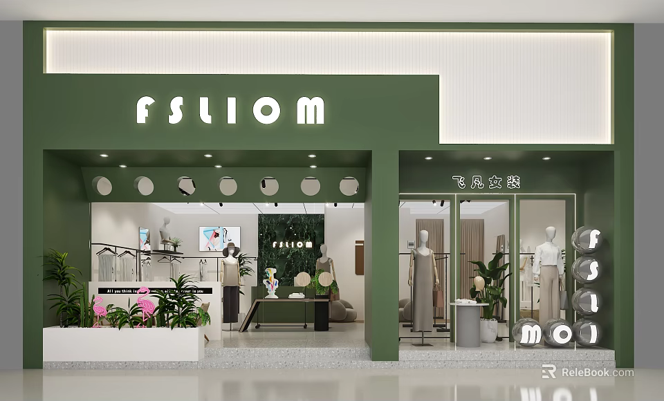 Modern Green Facade Clothing Store With Mannequins Window Displays And Lighting 3d model 