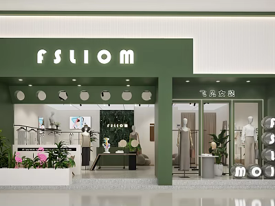 Modern Green Facade Clothing Store With Mannequins Window Displays And Lighting 3d model
