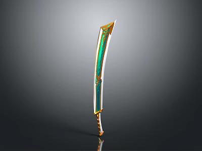 Ornate Curved Blade Weapon With Green And Gold Decorative Design Details 3d model