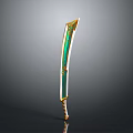 Ornate Curved Blade Weapon With Green And Gold Decorative Design Details