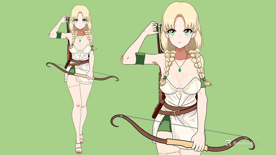 Woman With Blonde Braided Hair Green Eyes Wearing White Dress Green Sleeves And Bow 3d model 