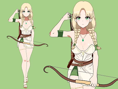 Woman With Blonde Braided Hair Green Eyes Wearing White Dress Green Sleeves And Bow 3d model