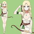 Woman With Blonde Braided Hair Green Eyes Wearing White Dress Green Sleeves And Bow