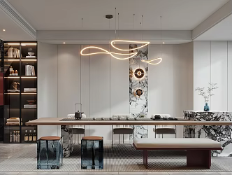 Modern Tea Room Leisure Entertainment Room Leisure Room Tea Room Tea Table and Chair Stool Single Chair Chandelier Bookcase 3d model