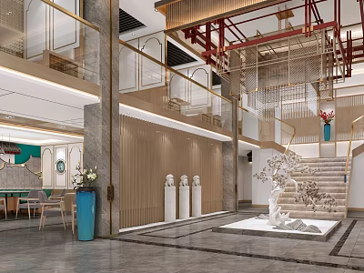 Modern Luxury Restaurant Interior Design With Two Story Staircase And Decorative Elements 3d model
