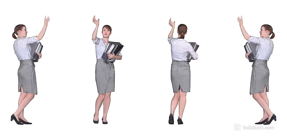 Businesswoman In White Shirt And Gray Plaid Skirt Holding Folders Raising Hand From Two Perspectives 3d model 