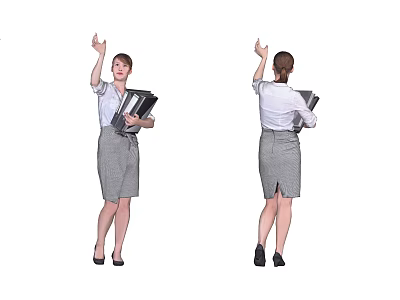 Businesswoman In White Shirt And Gray Plaid Skirt Holding Folders Raising Hand From Two Perspectives 3d model