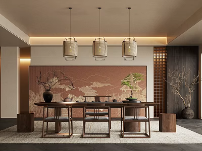 Traditional Chinese Tea Room Interior With Hanging Lanterns Decorative Painting And Wooden Furniture 3d model
