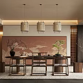 Traditional Chinese Tea Room Interior With Hanging Lanterns Decorative Painting And Wooden Furniture