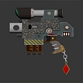 Futuristic Mechanical Weapon With Telescopic Sight Metallic Body Yellow Black Stripes And Dangling Red Gem 3d model