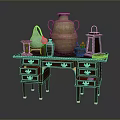 Vintage Functional Desk with Multiple Brass Decorated Drawers Clay Jar Lantern and Books on Top
