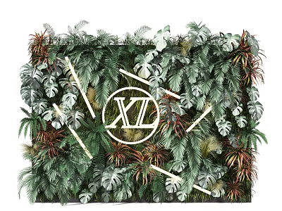 Modern Indoor Greenery Wall With Various Plants Geometric Lines And Red Foliage 3d model