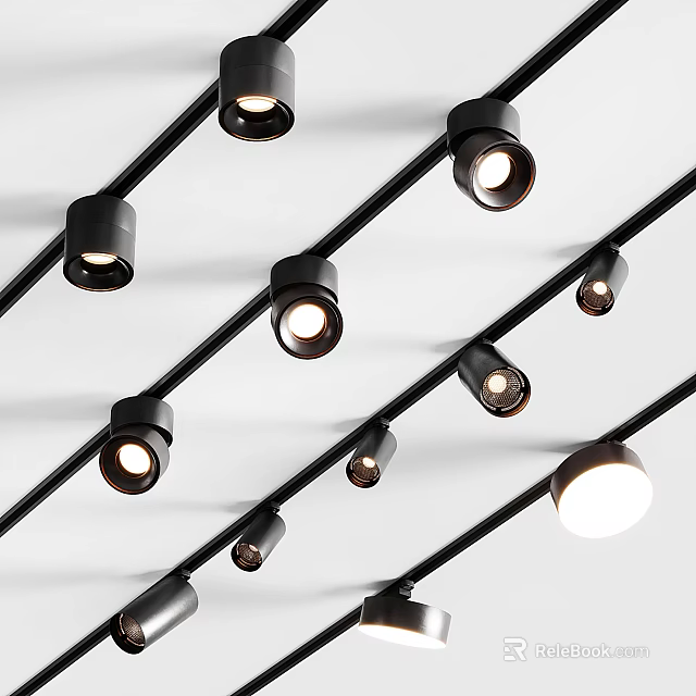 Sleek Black Track Mounted Downlights And Spotlights With Adjustable Angles For Modern Ceiling Lighting 3d model 
