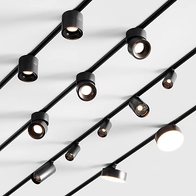 Sleek Black Track Mounted Downlights And Spotlights With Adjustable Angles For Modern Ceiling Lighting 3d model