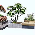 Scenic Landscape Seats With Stone Platform Red Flowers And Green Trees