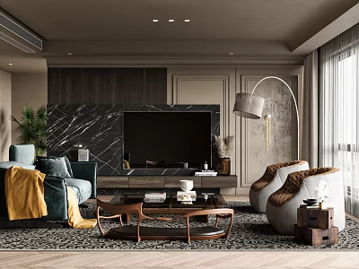 Modern Living Room with Sofa Throw Blanket Marble TV Wall Coffee Table and Floor Lamp 3d model