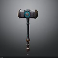 Ornate Fantasy Hammer With Metallic Head Blue Gemstone And Carved Handle