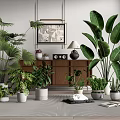 Elegant Potted Plants With Large Leafy Greenery Wooden Cabinet Lamp And Artwork In Interior Decor