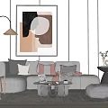 Modern Grey Sofa Coffee Table Set With Colorful Cushions Abstract Painting And Floor Lamp