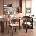 Modern Kitchen Interior With Wooden Island Dining Table Chairs Greenery And Wooden Floor