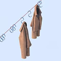 Two Brown Coats Drying On Clothesline Against Light Blue Sky 3d model