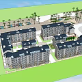 Multi Story Apartment Building With Balconies Ground Floor Shops Person Walking And Palm Tree