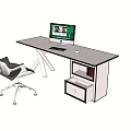 Modern Office Desk With Computer Monitor Keyboard Mouse Drawer Cabinet And Chair